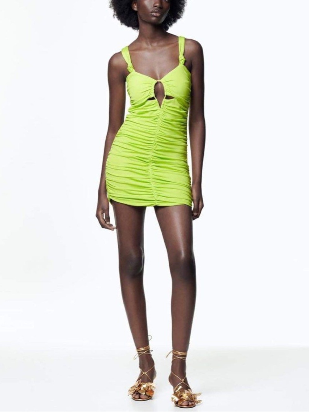 ZARA Ruched Lime Green Mini Dress